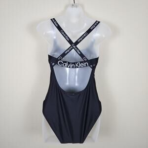 Calvin Klein Criss-Cross Logo One-Piece Swimsuit Womens Large Black White Straps